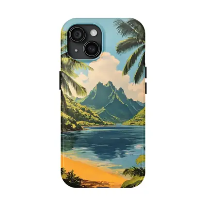Retro Tropical Beach Mountains Palm Trees Art