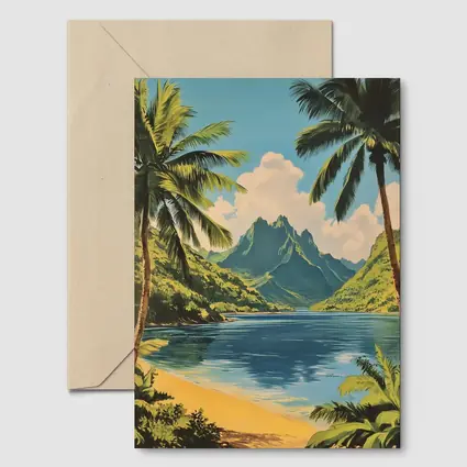 Retro Tropical Beach Mountains Palm Trees Art