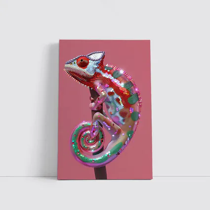 Colorful Chameleon Lizard on Pink Background