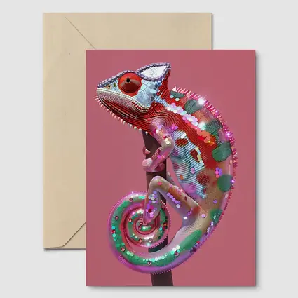 Colorful Chameleon Lizard on Pink Background