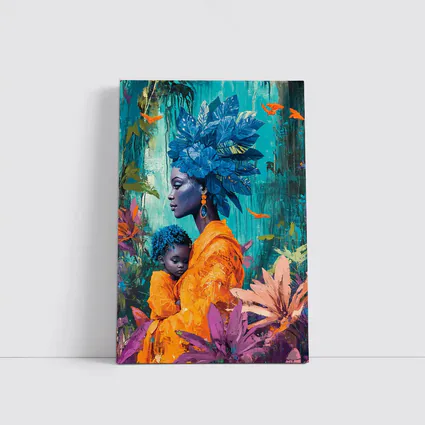 African Mother Child Blue Floral Headdress