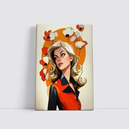 Retro Blonde Woman Poppies Orange Circle Art