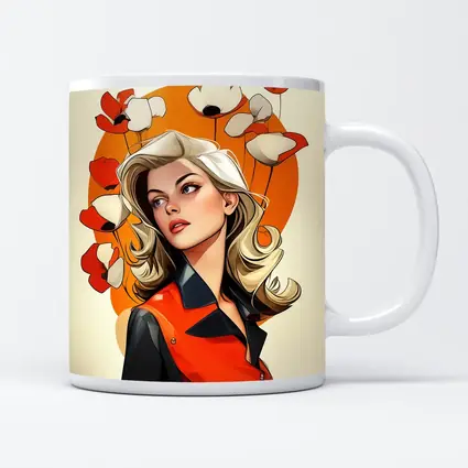 Retro Blonde Woman Poppies Orange Circle Art