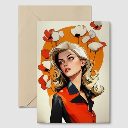 Retro Blonde Woman Poppies Orange Circle Art