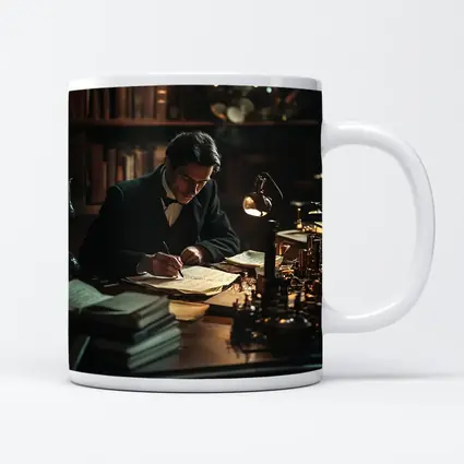 Victorian Scholar Writing At Dark Study Desk