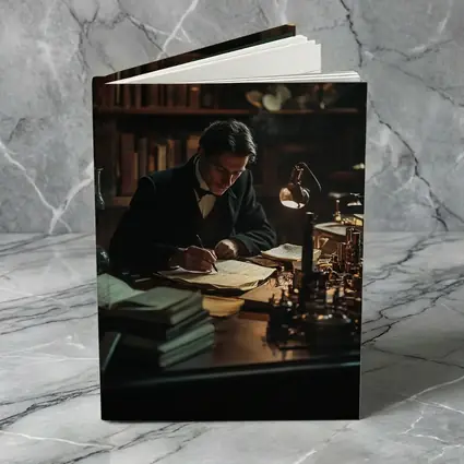 Victorian Scholar Writing At Dark Study Desk