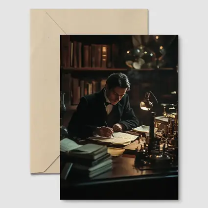 Victorian Scholar Writing At Dark Study Desk