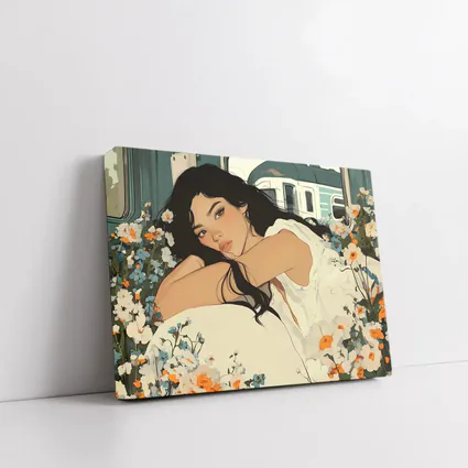 Woman Resting Among Wildflowers Train Illustration
