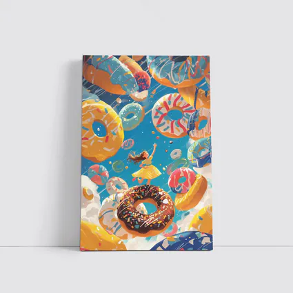 Girl Flying Among Colorful Donuts Blue Sky