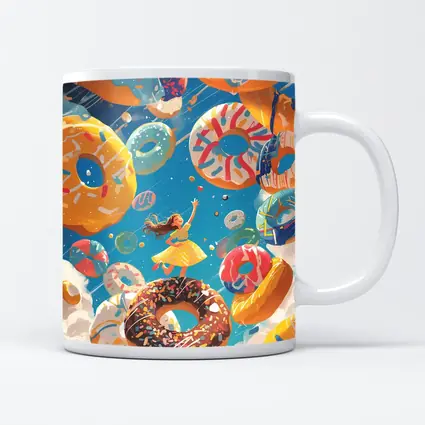 Girl Flying Among Colorful Donuts Blue Sky