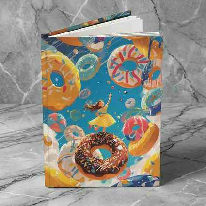 Girl Flying Among Colorful Donuts Blue Sky