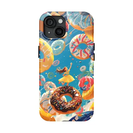Girl Flying Among Colorful Donuts Blue Sky