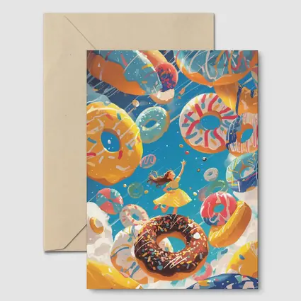 Girl Flying Among Colorful Donuts Blue Sky