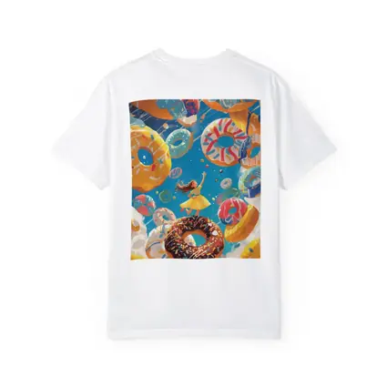 Girl Flying Among Colorful Donuts Blue Sky
