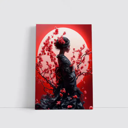 Japanese Geisha Red Cherry Blossoms Moon