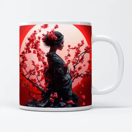 Japanese Geisha Red Cherry Blossoms Moon