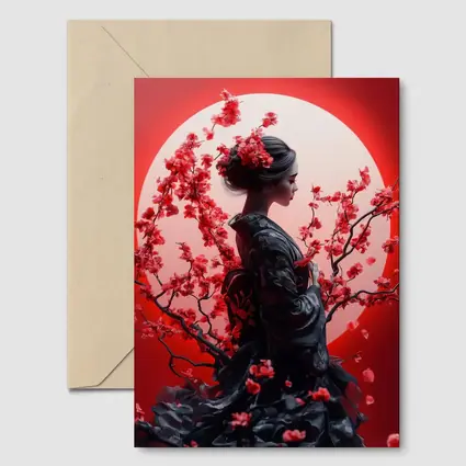 Japanese Geisha Red Cherry Blossoms Moon