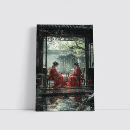 Two Women in Red Robes Rainy Garden