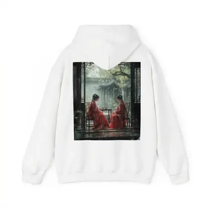 Two Women in Red Robes Rainy Garden