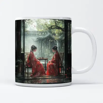 Two Women in Red Robes Rainy Garden