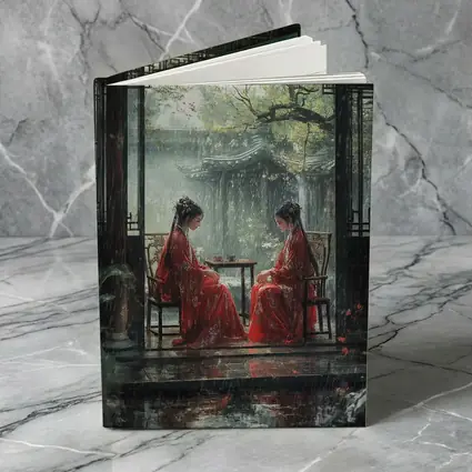 Two Women in Red Robes Rainy Garden