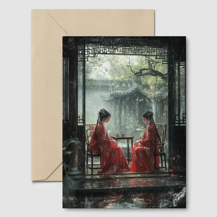 Two Women in Red Robes Rainy Garden