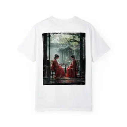 Two Women in Red Robes Rainy Garden