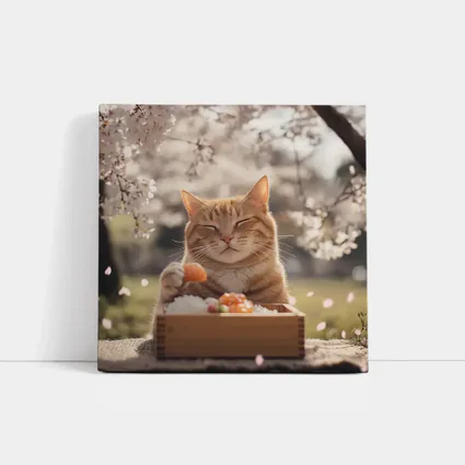 Happy Orange Cat Eating Sushi Cherry Blossoms