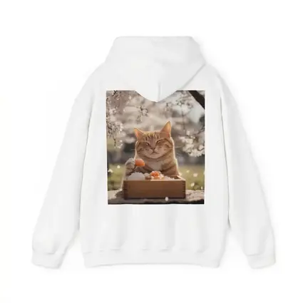 Happy Orange Cat Eating Sushi Cherry Blossoms