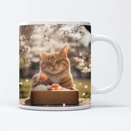 Happy Orange Cat Eating Sushi Cherry Blossoms