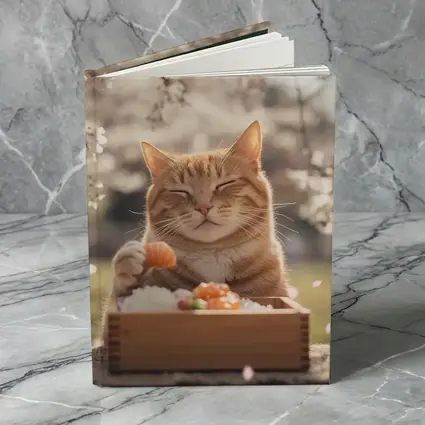 Happy Orange Cat Eating Sushi Cherry Blossoms