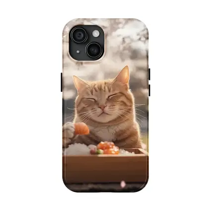 Happy Orange Cat Eating Sushi Cherry Blossoms