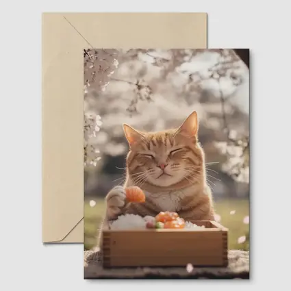 Happy Orange Cat Eating Sushi Cherry Blossoms