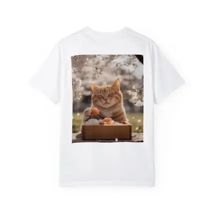 Happy Orange Cat Eating Sushi Cherry Blossoms