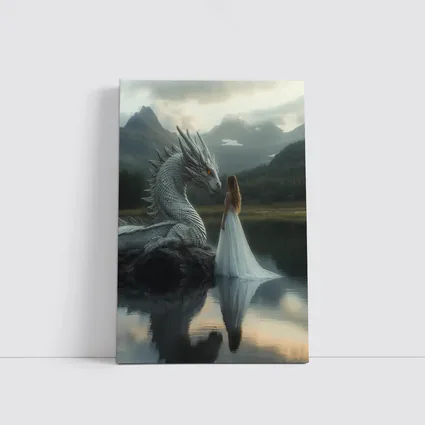 Woman in White Dress With Silver Dragon