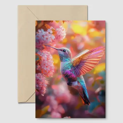 Hummingbird Flying Among Pink Cherry Blossoms