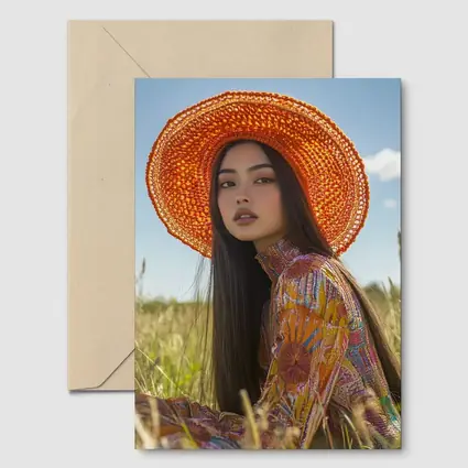 Asian Woman Orange Hat Field Portrait