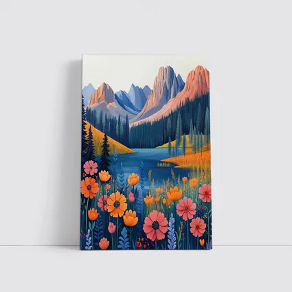 Mountain Lake Wildflower Meadow Illustration Art