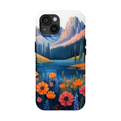 Mountain Lake Wildflower Meadow Illustration Art
