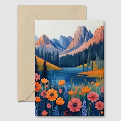 Mountain Lake Wildflower Meadow Illustration Art