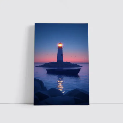 Lighthouse Glowing at Dusk Over Calm Sea