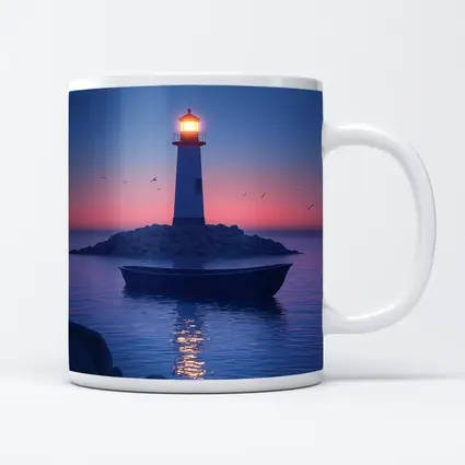 Lighthouse Glowing at Dusk Over Calm Sea