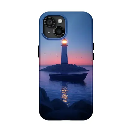 Lighthouse Glowing at Dusk Over Calm Sea