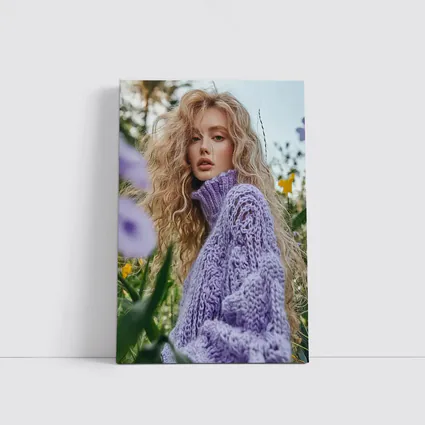 Blonde Woman Purple Knit Sweater Flower Field