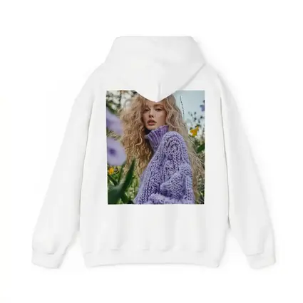 Blonde Woman Purple Knit Sweater Flower Field