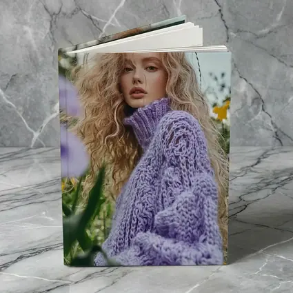 Blonde Woman Purple Knit Sweater Flower Field