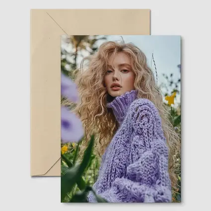 Blonde Woman Purple Knit Sweater Flower Field