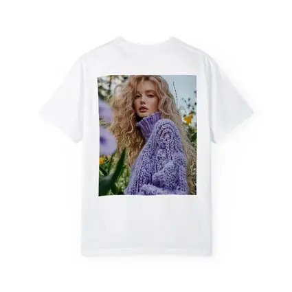 Blonde Woman Purple Knit Sweater Flower Field