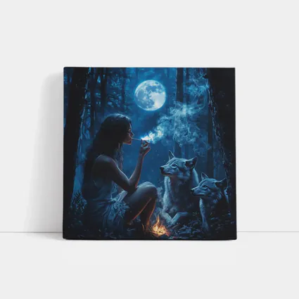 Woman With Wolves Moonlit Dark Forest