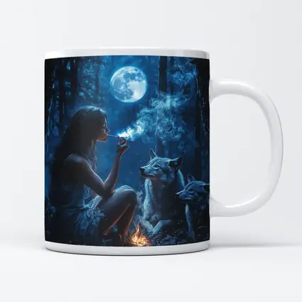 Woman With Wolves Moonlit Dark Forest
